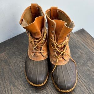 Vintage LL Bean Duck boots, tan leather, 8” tall, size 8